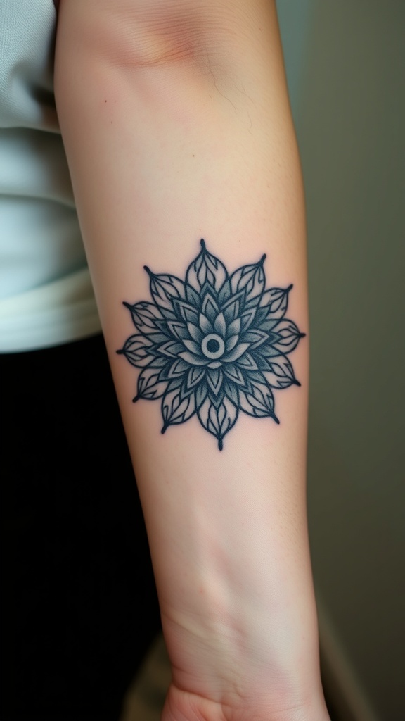 Intricate lotus mandala tattoo on a person's forearm