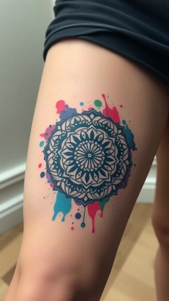 Tattoo of an intricate mandala with a colorful watercolor splash background on a thigh.
