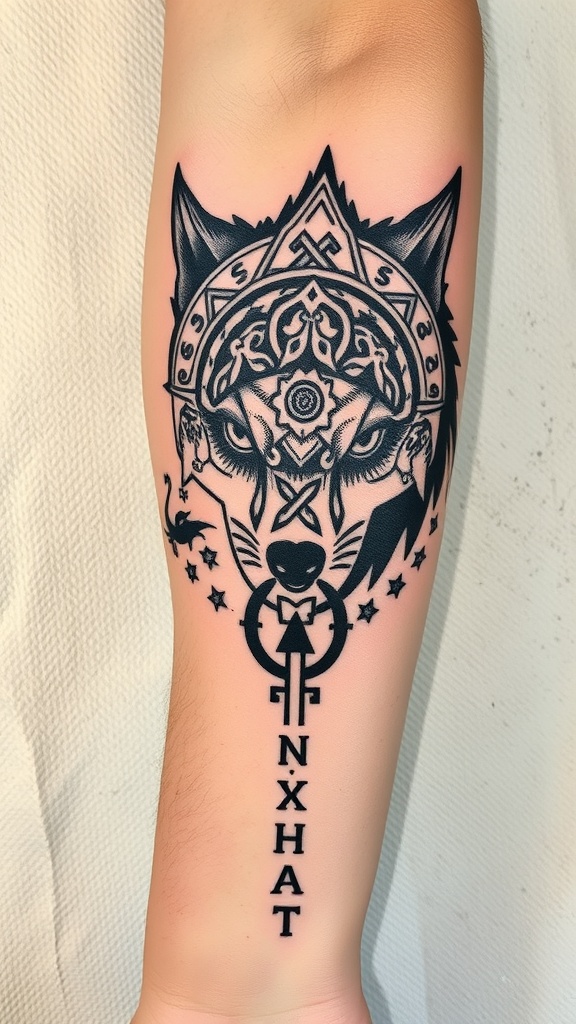 A detailed Norse wolf tattoo featuring intricate patterns and symbols.