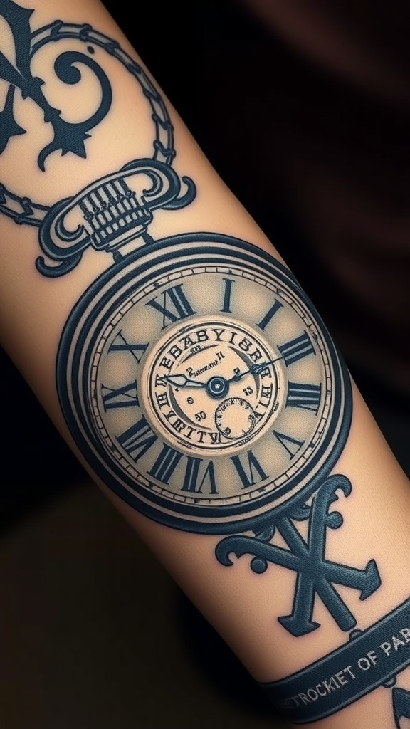 A detailed pocket watch tattoo on an arm surrounded by floral designs.