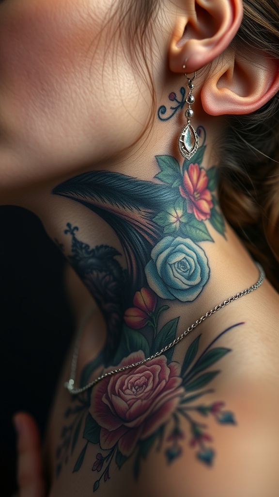 A hyper-realistic portrait tattoo featuring a woman surrounded by colorful flowers.