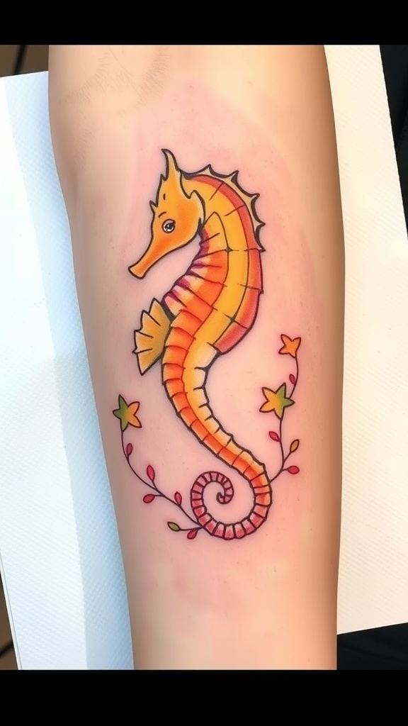 Colorful seahorse tattoo with leaves