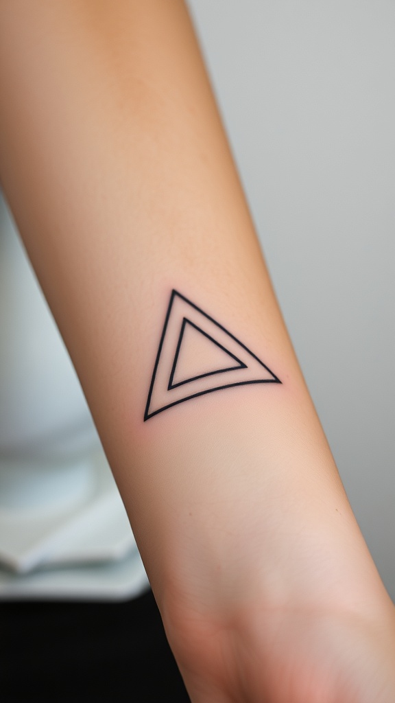 A simple triangle tattoo on a person's forearm.