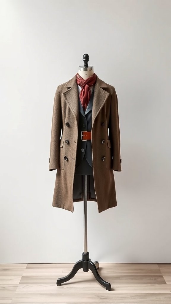 A stylish outfit on a mannequin featuring a brown coat, a tailored suit, and a red scarf.