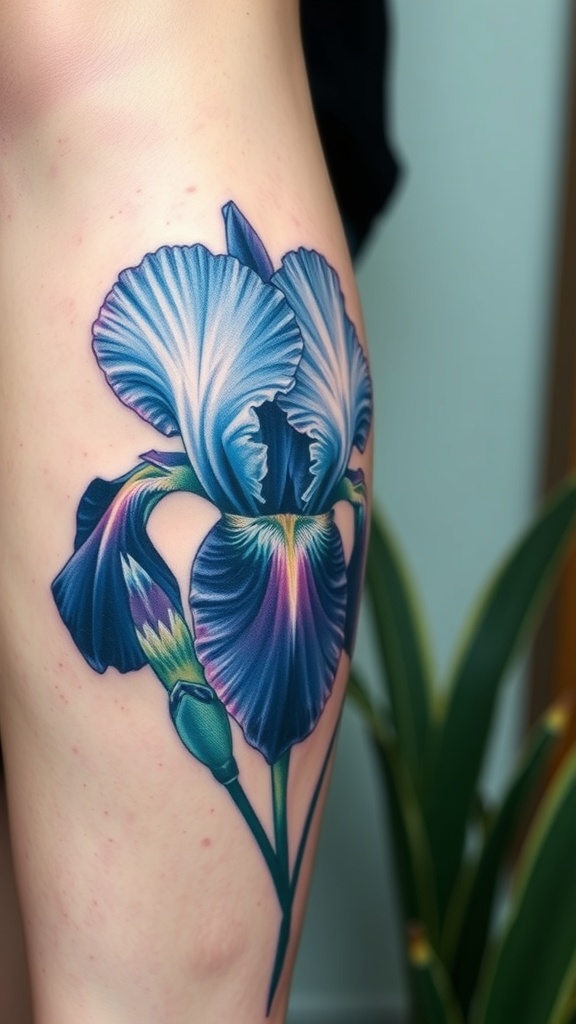 A vibrant blue iris tattoo on the thigh, showcasing intricate details and colors.