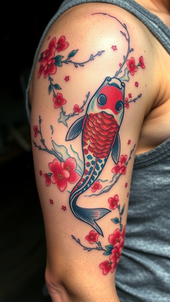 Tattoo of a koi fish surrounded by cherry blossoms on a person's arm.