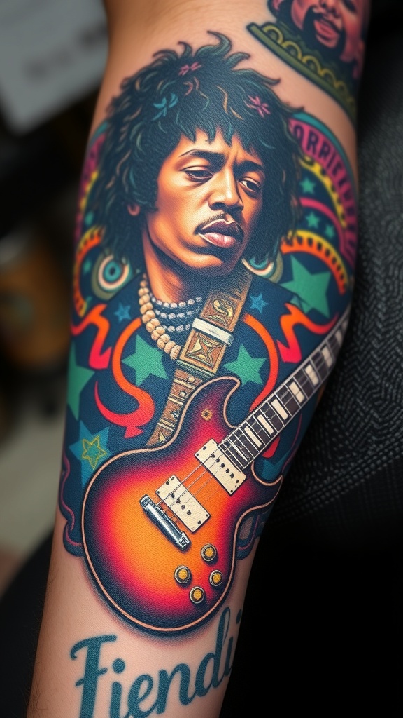 A colorful tattoo of Jimi Hendrix with a guitar, showcasing vibrant details and artistic flair.