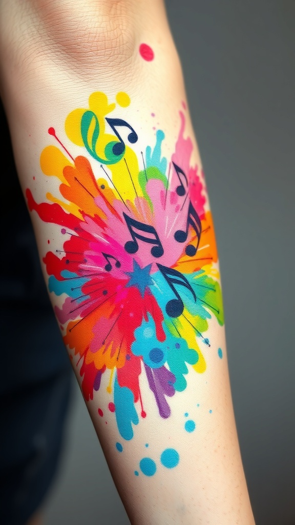 Colorful watercolor tattoo design featuring music notes and splashes