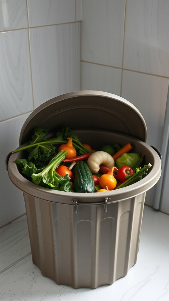 A kitchen compost bin filled with various vegetable scraps and peels.
