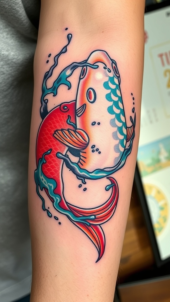 A colorful koi fish tattoo featuring a red and blue fish surrounded by water splashes.