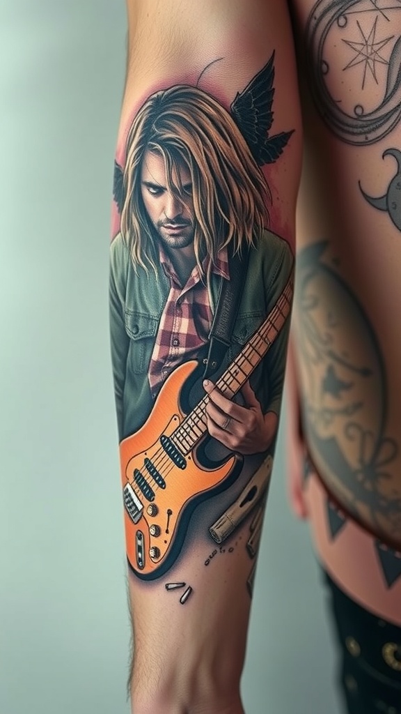 Tattoo of Kurt Cobain playing guitar, showcasing his iconic look and grunge style.
