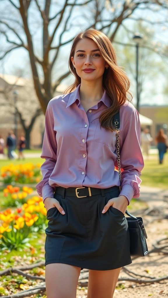 A woman wearing a lace-up collar shirt and skorts, standing in a park with flowers in the background.