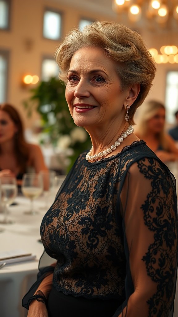 An elegantly dressed woman with lace detailing on her outfit, showcasing femininity and style.