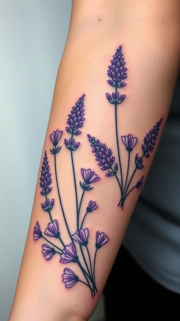 A vibrant lavender flower tattoo on a person's arm.