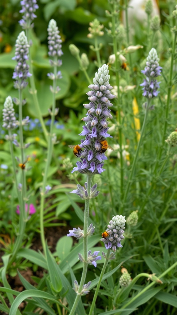 Lavender flowers with bees buzzing around them in a garden.