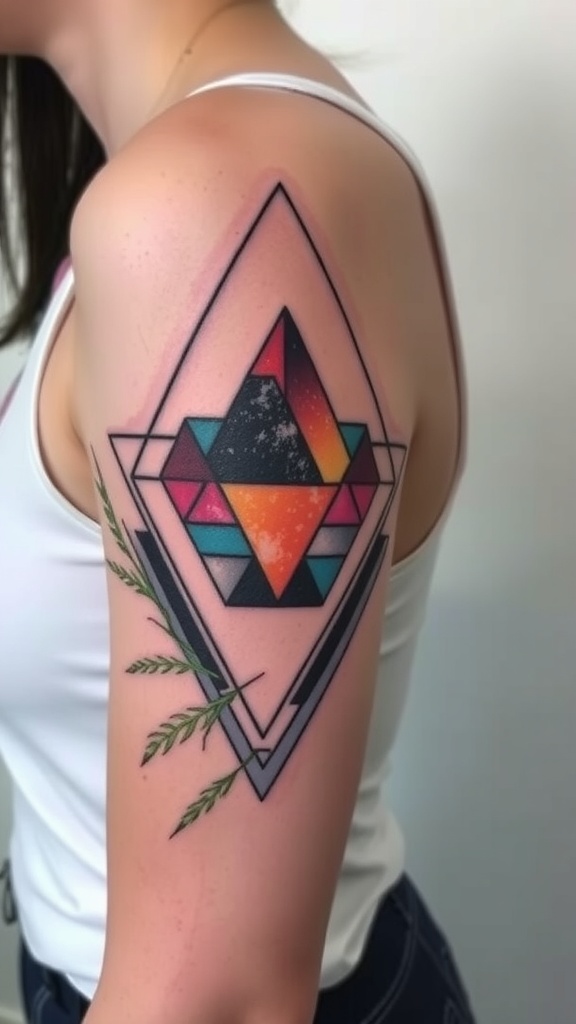A colorful layered geometric tattoo on a person's arm featuring triangles and lines.