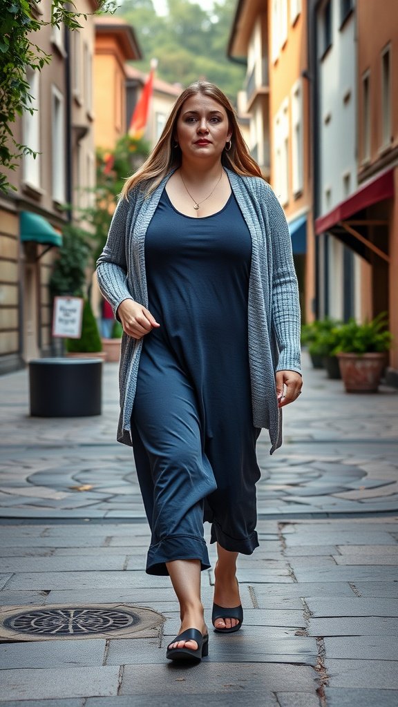 Woman walking in a layered outfit featuring a t-shirt dress and cardigan.