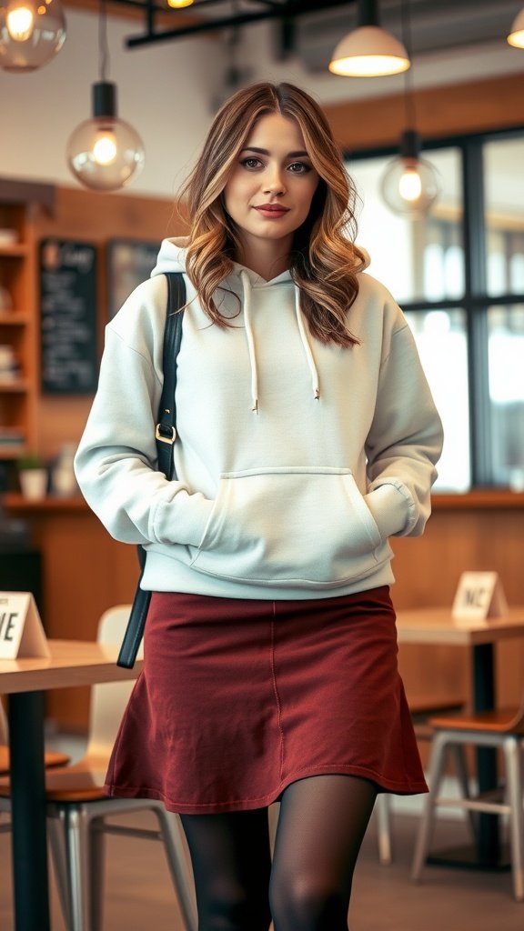 A woman wearing a light hoodie and a burgundy skirt, standing in a cozy café.