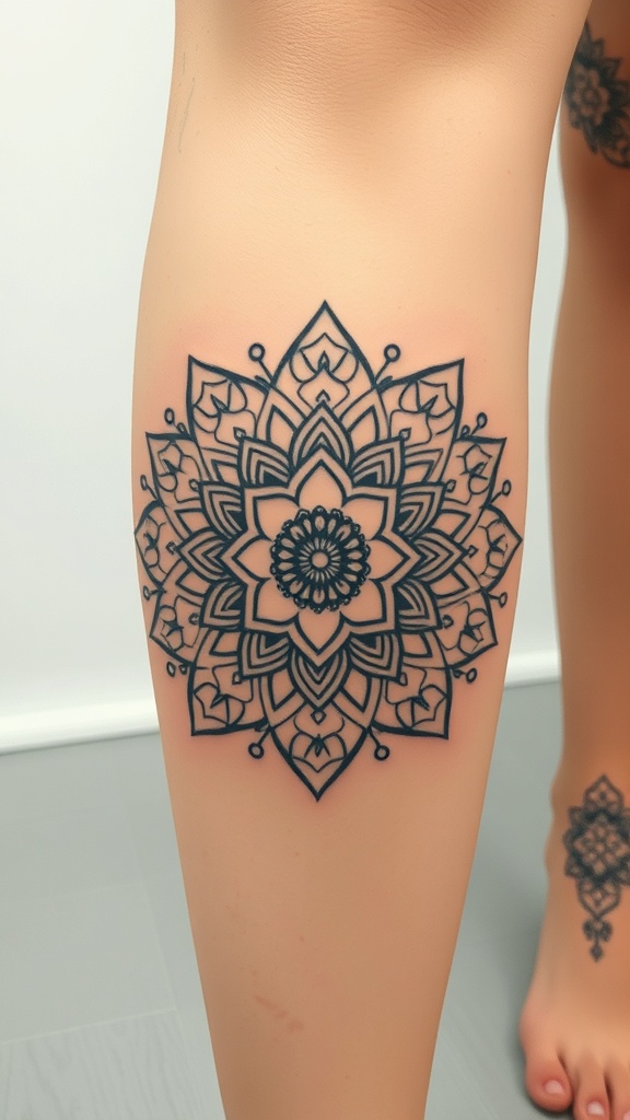 A detailed layered petal mandala tattoo on a leg.
