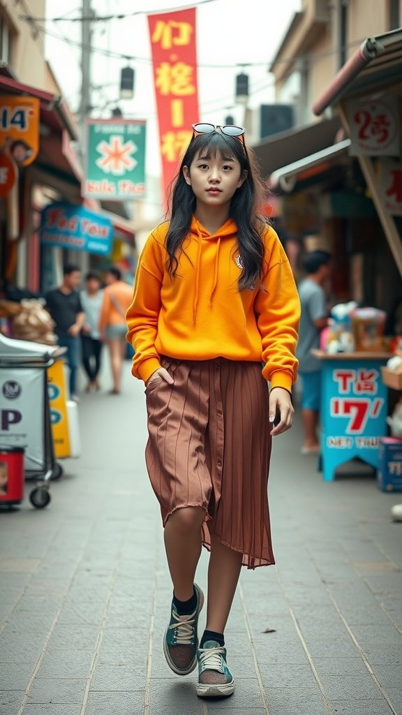 Teen girl in a bright orange hoodie and layered brown skirt walking in a lively street market.