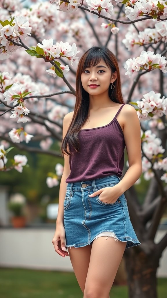 A young girl in a layered tank top and denim skirt stands among blooming flowers.