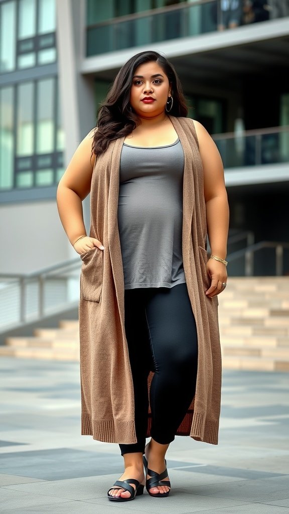 Plus size model wearing a layered tank and long vest outfit.