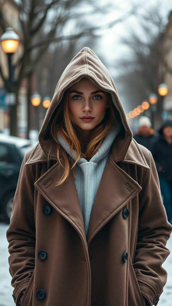 A woman wearing an oversized hoodie layered under a stylish coat, walking in a cold urban setting.