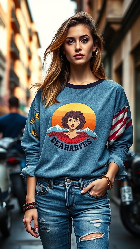 A stylish young woman wearing a graphic overshirt over denim jeans, standing on a city street.