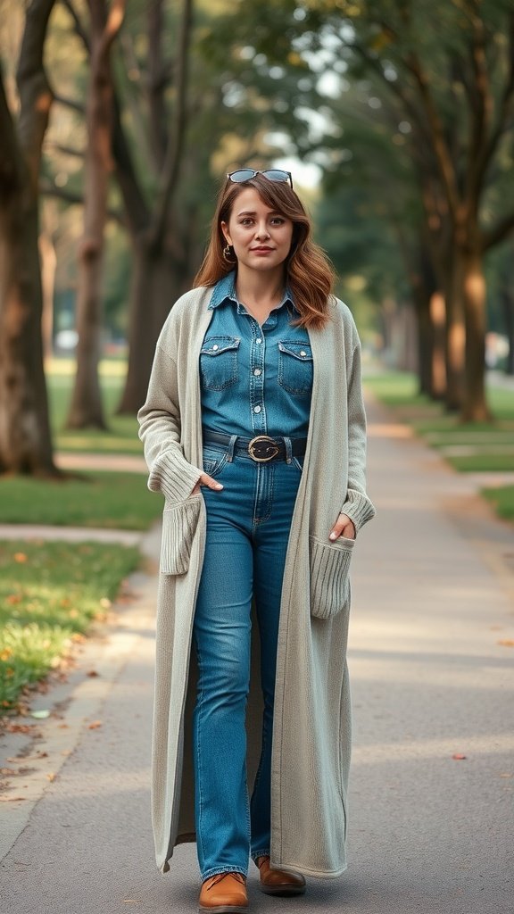 A person wearing a long cardigan over denim, walking in a park.