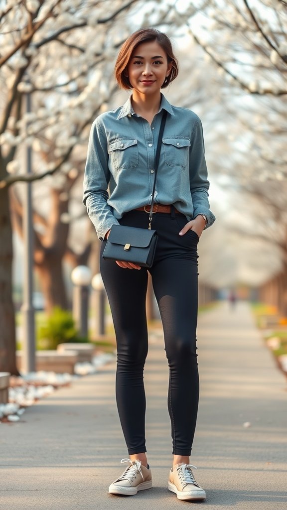 A woman wearing a button-up shirt and leggings, standing outdoors with trees in the background.
