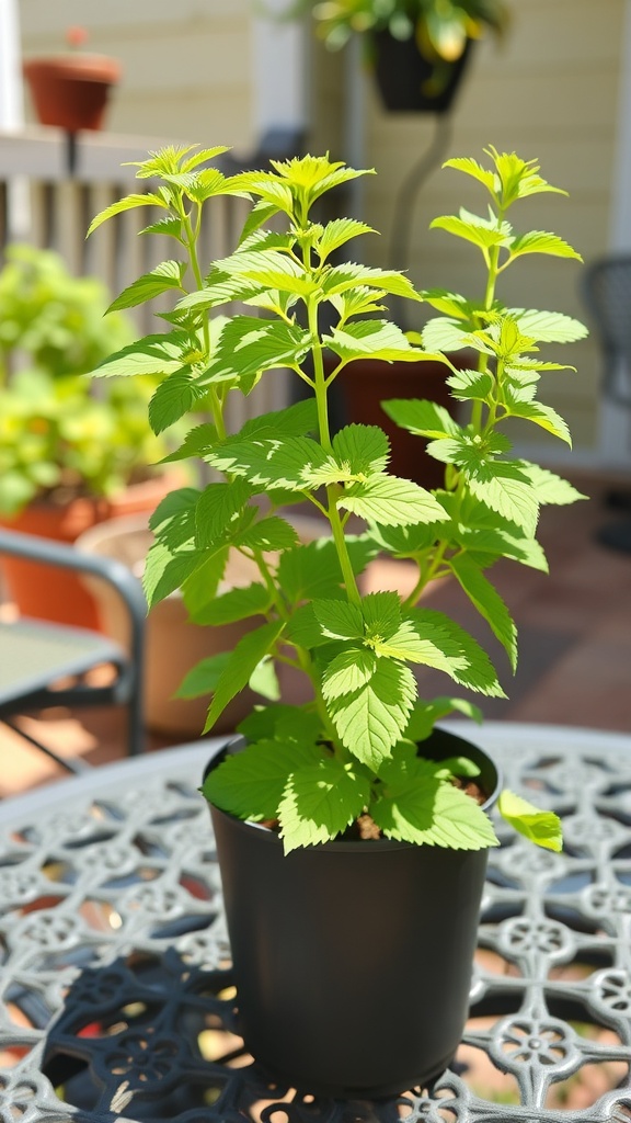 A healthy lemon balm plant in a black pot on a table.