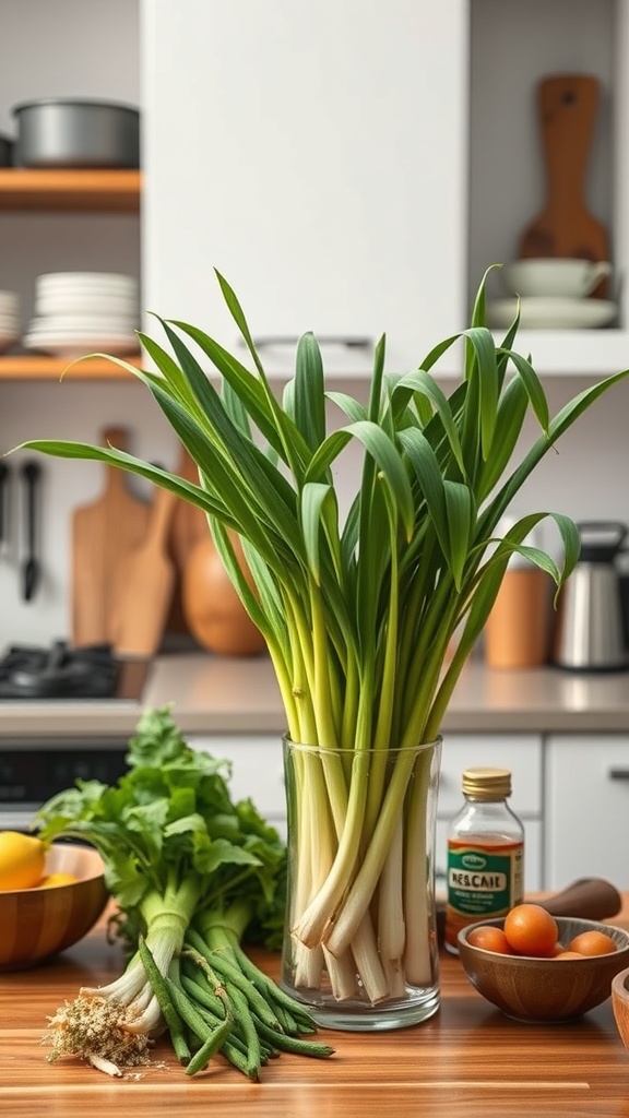 A vibrant bunch of lemongrass in a glass vase on a kitchen counter with various ingredients.