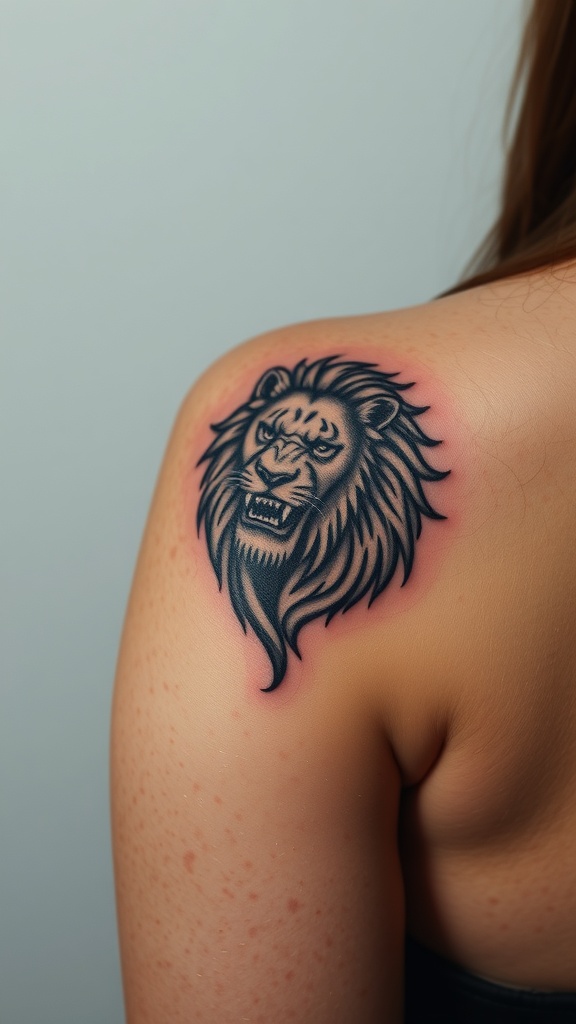 A detailed tattoo of a roaring lion on a person's shoulder.