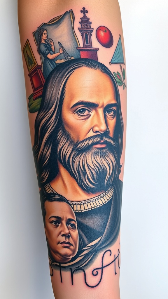 Tattoo of Leonardo da Vinci with elements representing his work and influence.