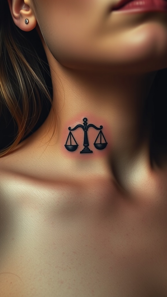 A close-up of a balance scales tattoo on the neck of a person.