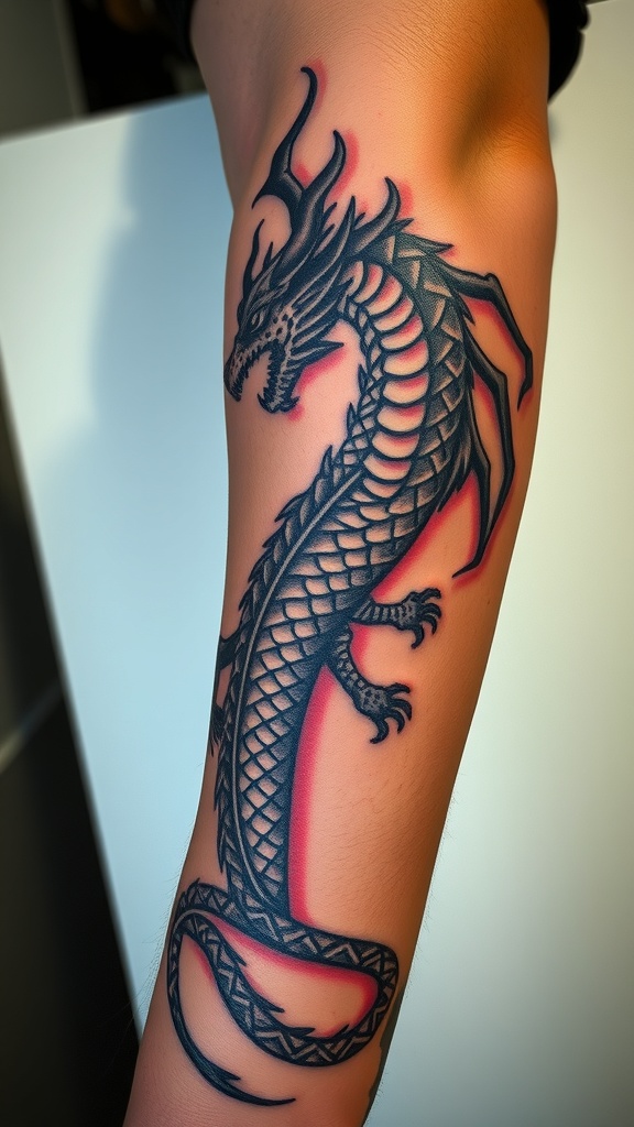 A lifelike dragon tattoo on the shoulder, featuring intricate details and a dynamic pose.