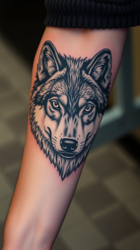 A detailed tattoo of a wolf's face on a person's forearm.