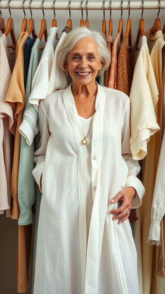 A variety of lightweight clothing hanging on a rack, featuring soft colors and comfortable styles.