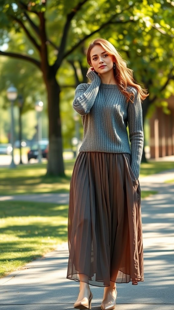 A woman wearing a lightweight knit sweater and a midi skirt, walking in a park with trees in the background.