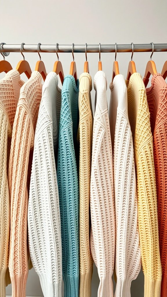 A variety of lightweight knit sweaters in pastel colors hanging on a rack.