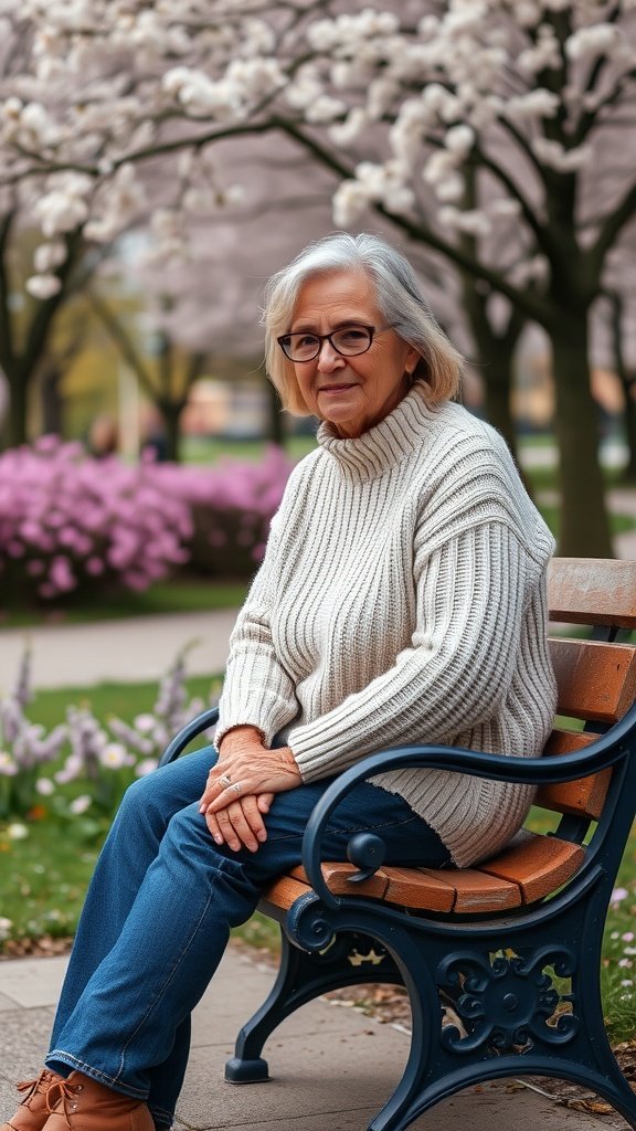 A woman sitting on a park bench wearing a cozy oversized sweater with a pleasant smile.