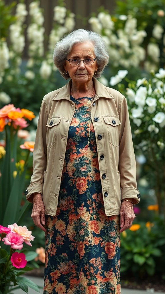An older woman wearing a floral dress and a light jacket standing in a garden filled with flowers.