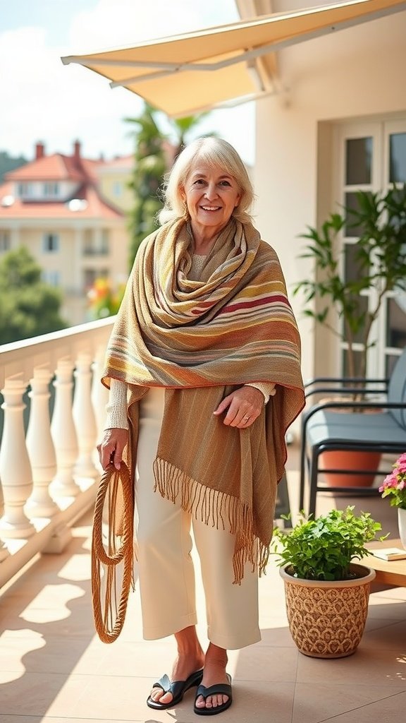 A woman over 50 wearing a lightweight pashmina shawl, standing on a balcony, smiling and holding a bag.