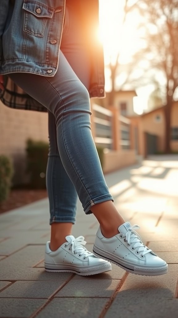 A person wearing white lightweight sneakers and a denim jacket, standing outdoors on a sunny day.