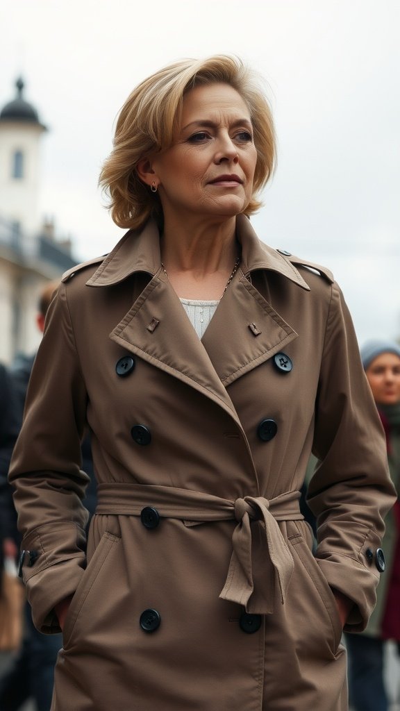 A lightweight beige trench coat hanging on a rack with a grey scarf, surrounded by blooming cherry blossom trees.