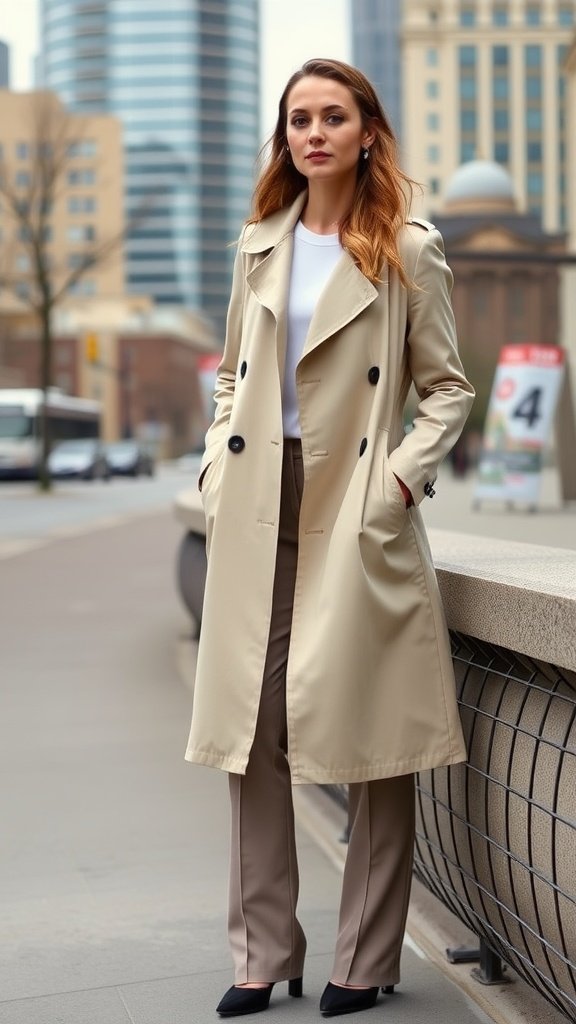 A woman wearing a lightweight beige trench coat and tailored pants, posing confidently in an urban setting.