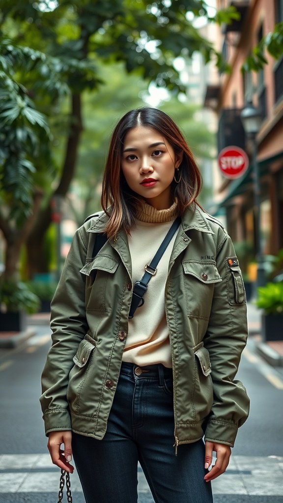 A person wearing a lightweight utility jacket over a sweater and jeans, standing in an urban setting.