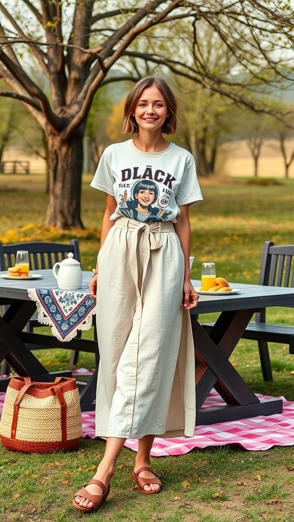 A woman in a vintage tee and linen skirt, smiling outdoors.