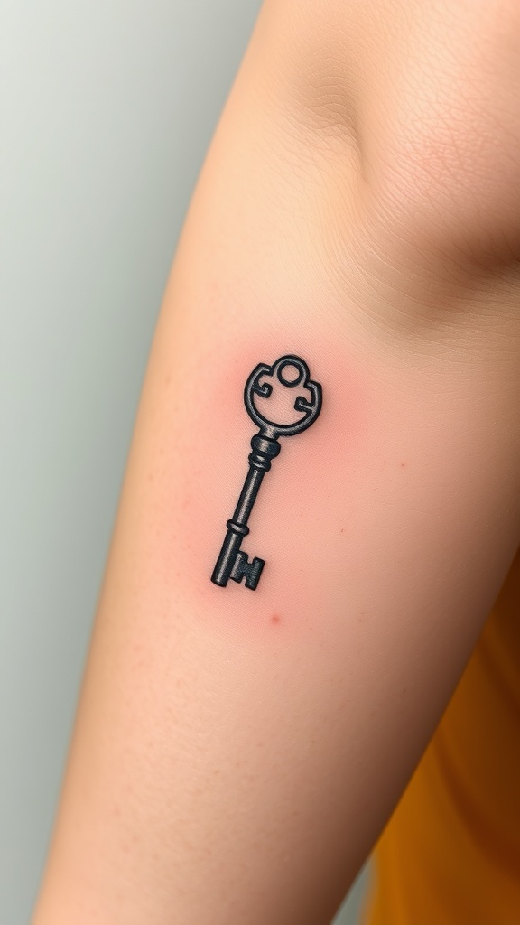A hand showing a tiny key tattoo on a finger.