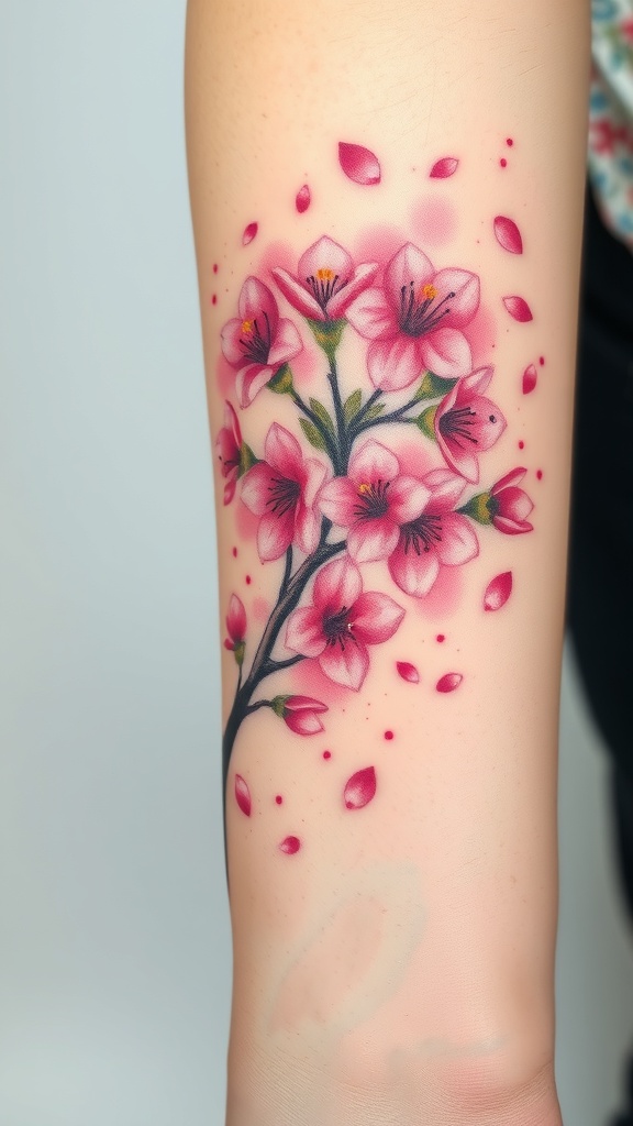 A vibrant cherry blossom tattoo featuring pink flowers and petals on a person's arm.